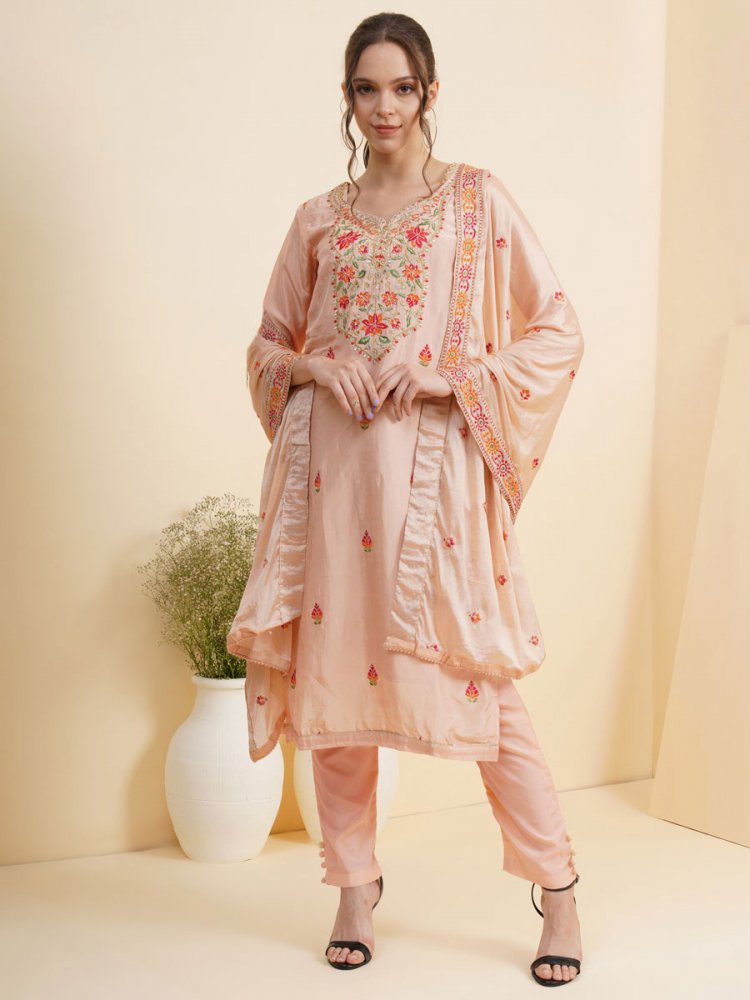 Coral Pink Silk Embroidered Party Pant Kameez