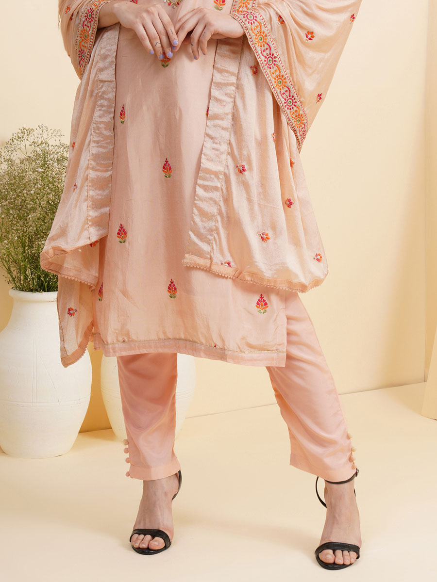 Coral Pink Silk Embroidered Party Pant Kameez