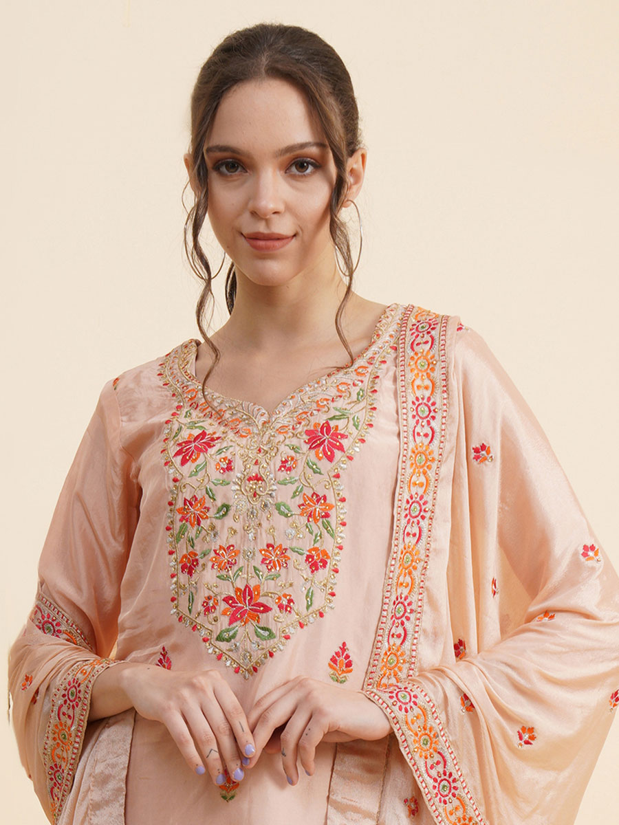 Coral Pink Silk Embroidered Party Pant Kameez