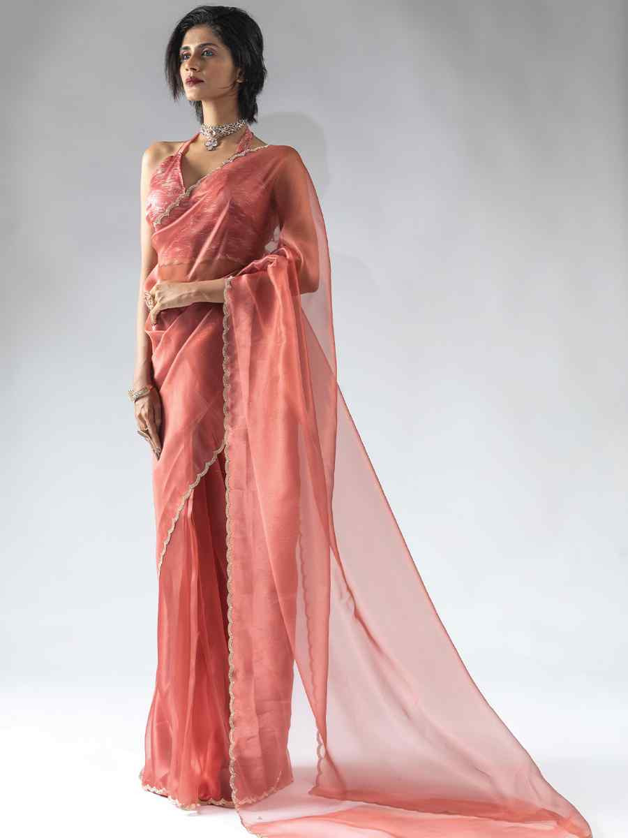 Coral Pure Organza Handwoven Festival Wedding Fancy Heavy Border Saree