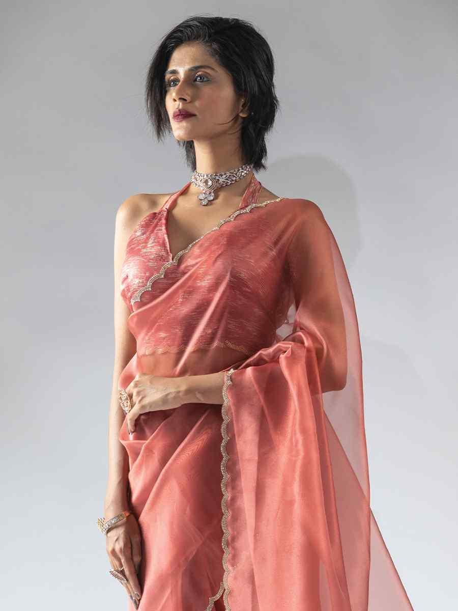 Coral Pure Organza Handwoven Festival Wedding Fancy Heavy Border Saree