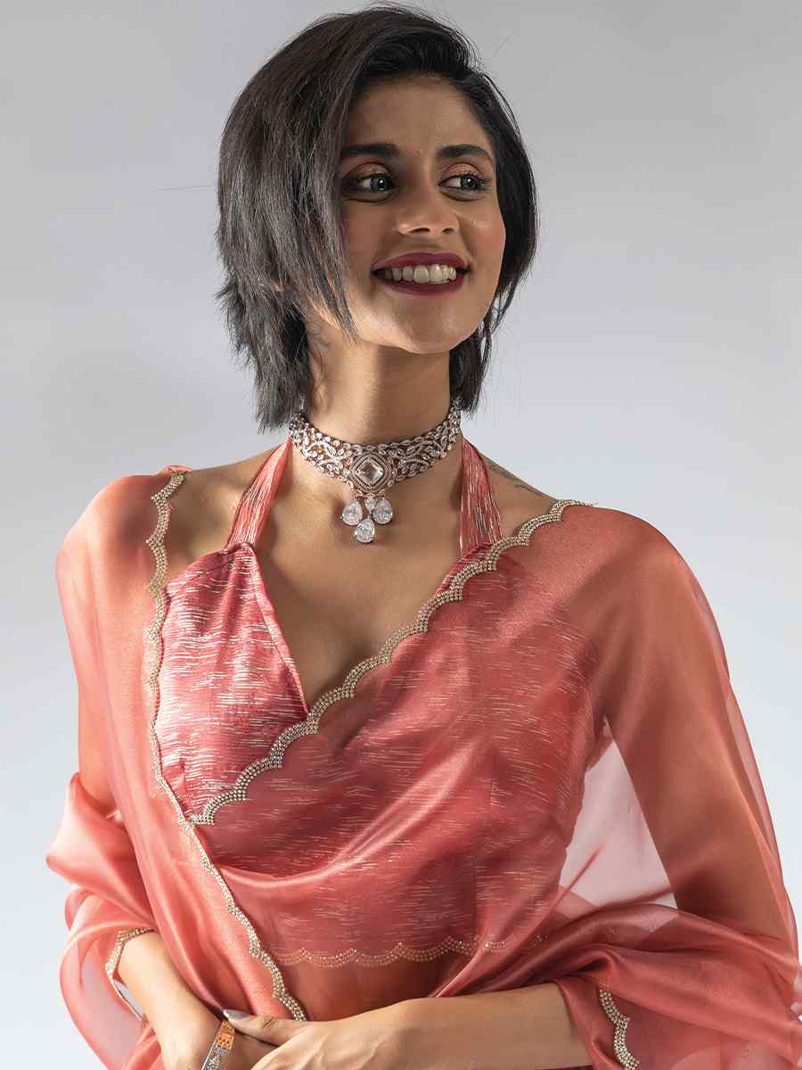 Coral Pure Organza Handwoven Festival Wedding Fancy Heavy Border Saree