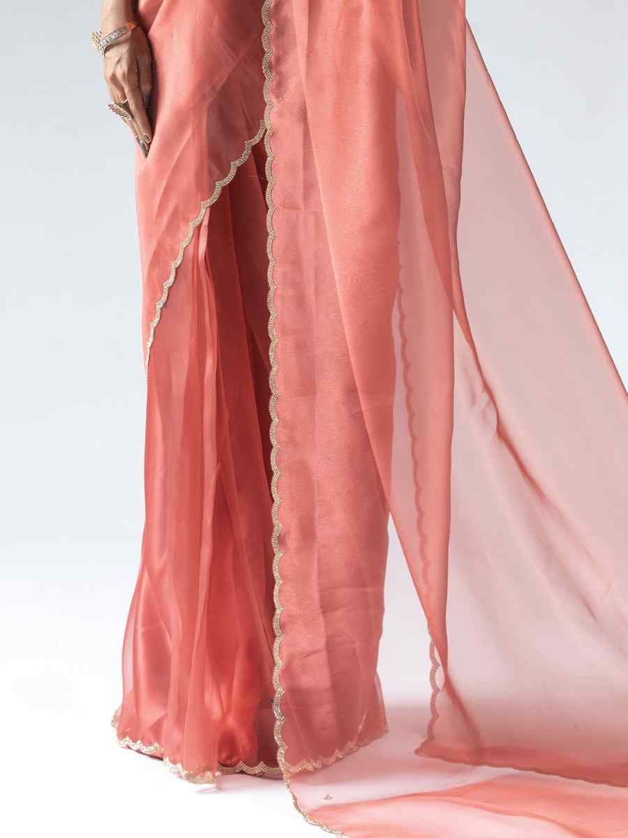 Coral Pure Organza Handwoven Festival Wedding Fancy Heavy Border Saree