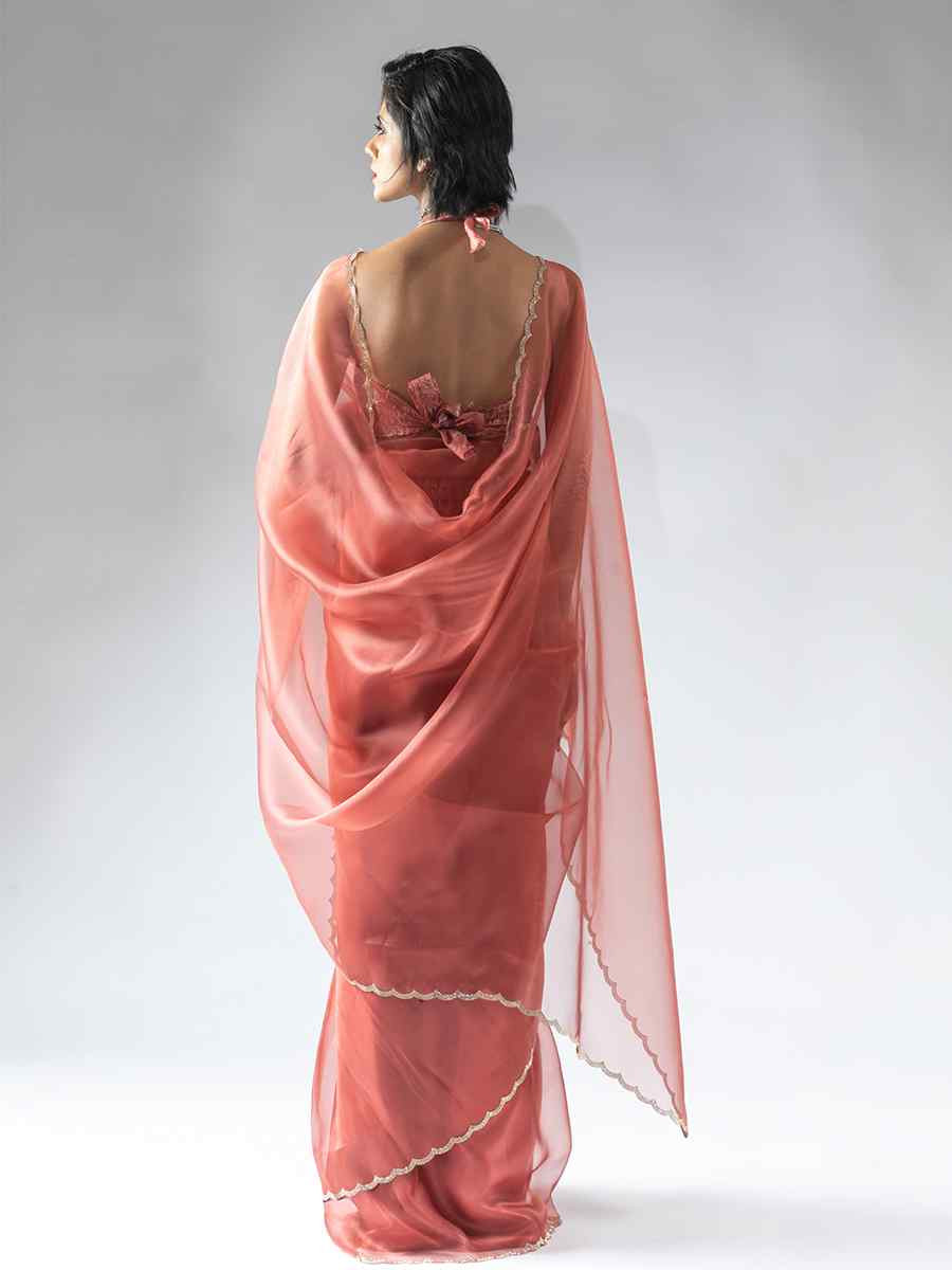 Coral Pure Organza Handwoven Festival Wedding Fancy Heavy Border Saree