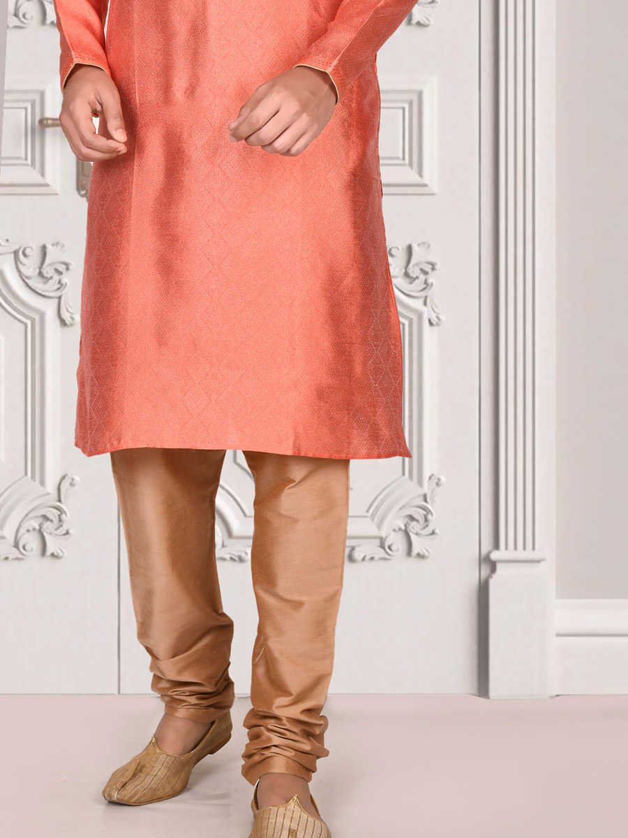 Coral Red Brocade Embroidered Festival Kurta
