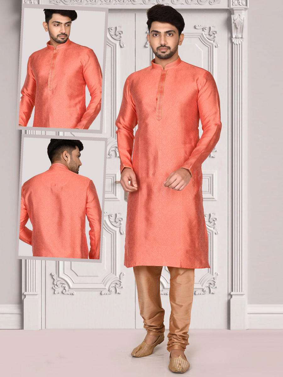 Coral Red Brocade Embroidered Festival Kurta