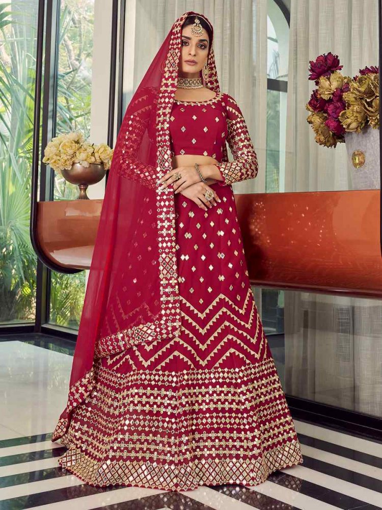 Coral Red Georgette Zari Sequins Bridesmaid Reception Heavy Border Lehenga Choli