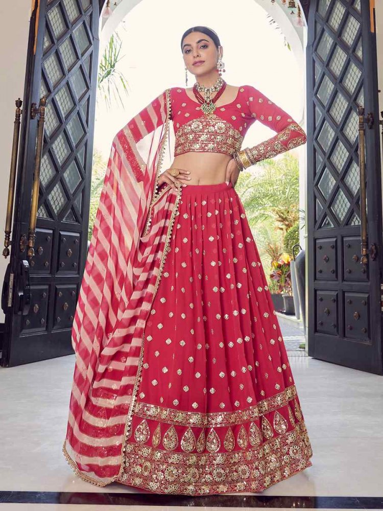 Coral Red Georgette Zari Sequins Bridesmaid Reception Heavy Border Lehenga Choli