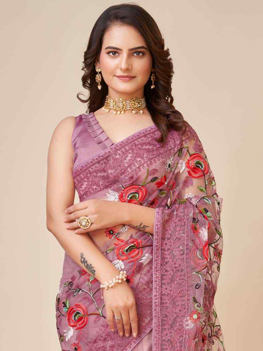 Coral Soft Net Embroidered Party Festival Heavy Border Saree