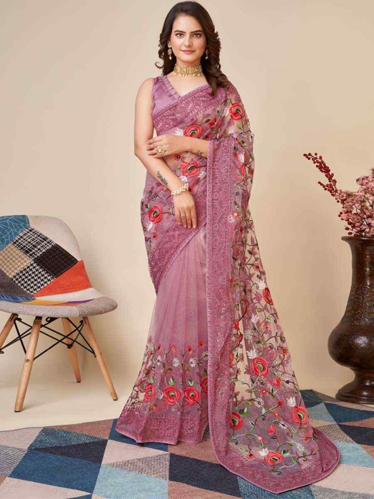 Coral Soft Net Embroidered Party Festival Heavy Border Saree