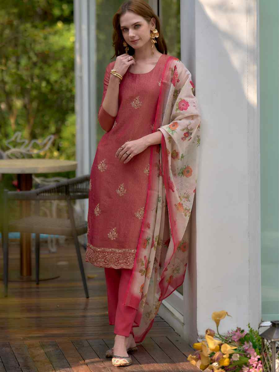 Coral Tissue Embroidered Party Wedding Ready Pant Salwar Kameez