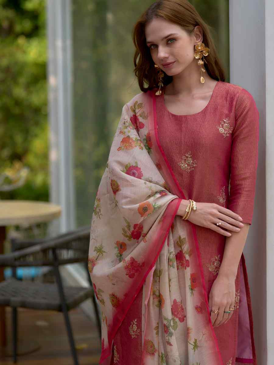 Coral Tissue Embroidered Party Wedding Ready Pant Salwar Kameez