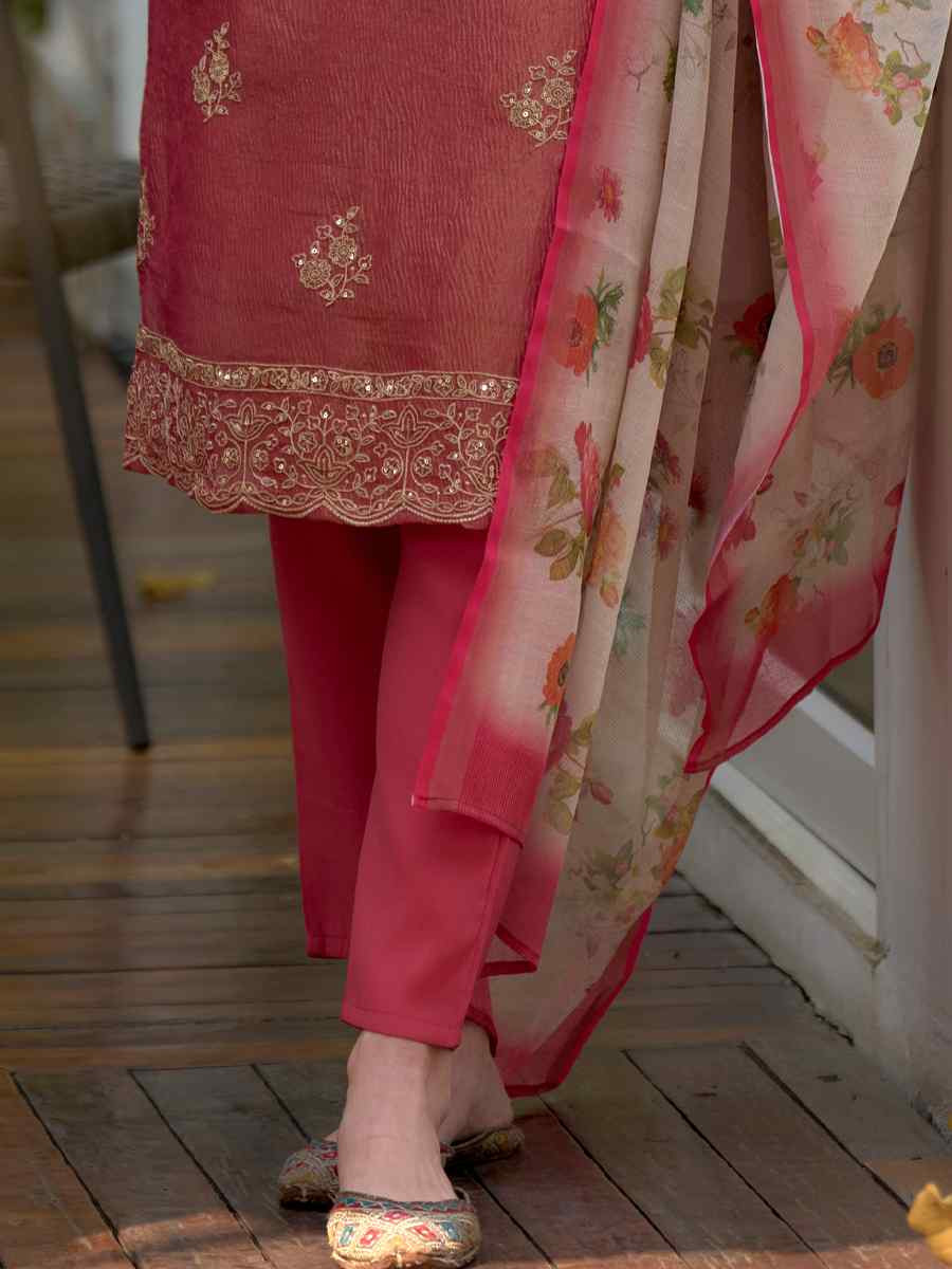 Coral Tissue Embroidered Party Wedding Ready Pant Salwar Kameez