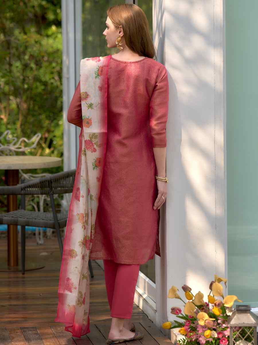 Coral Tissue Embroidered Party Wedding Ready Pant Salwar Kameez