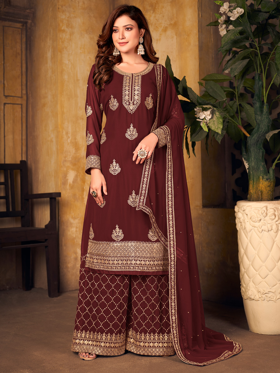 Cordovan Brown Faux Georgette Embroidered Festival Palazzo Pant Kameez