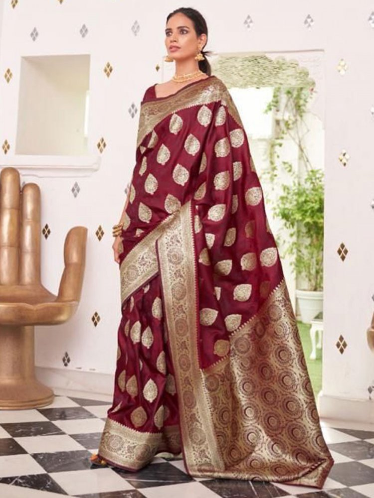 Cordovan Brown Satin Silk Handwoven Party Saree