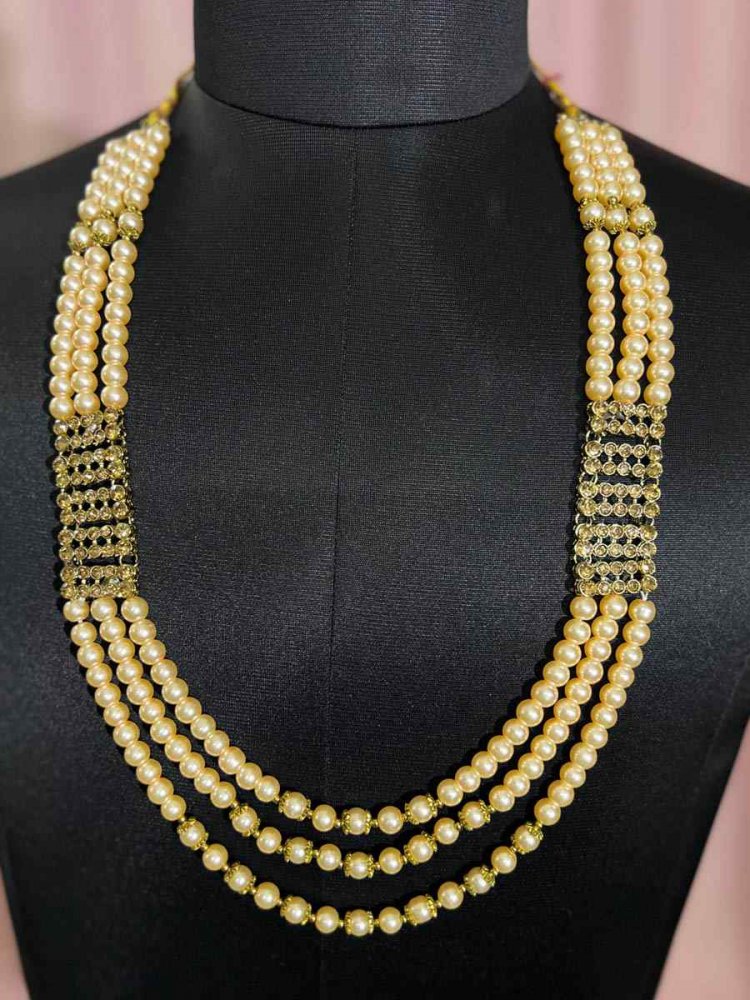 Cream Alloy Moti Groom&#039;s Wedding Wear Pearls Necklace