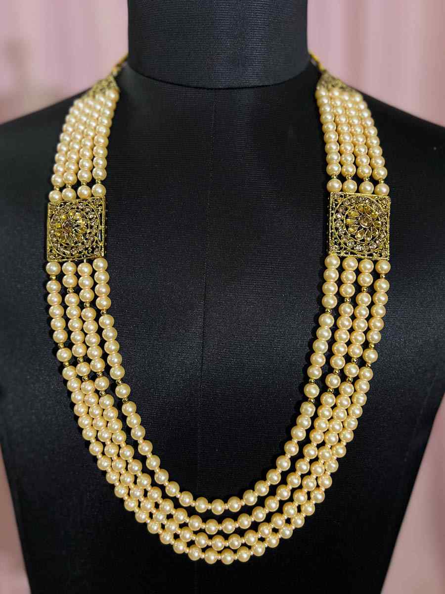 Cream Alloy Moti Groom's Wedding Wear Pearls Necklace