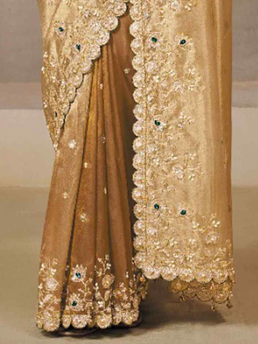 Cream Brown Cora Zari Tissue Silk Embroidery Festival Wedding Fancy Heavy Border Saree