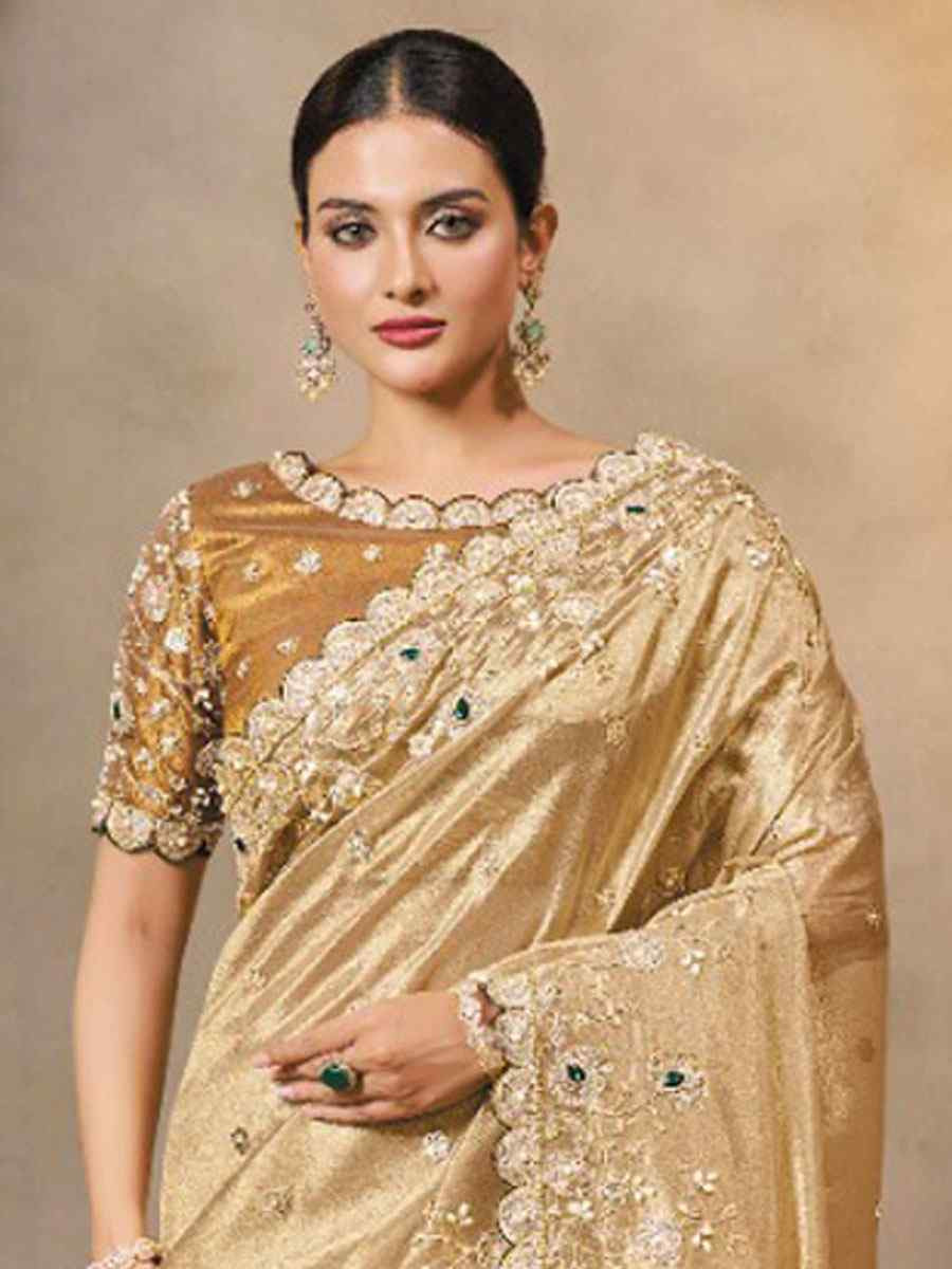 Cream  Brown Cora Zari Tissue Silk Embroidery Festival Wedding Fancy Heavy Border Saree