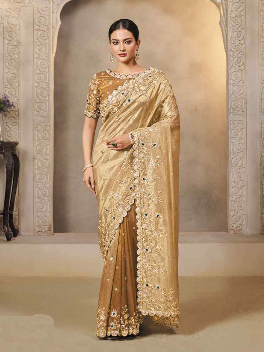 Cream  Brown Cora Zari Tissue Silk Embroidery Festival Wedding Fancy Heavy Border Saree
