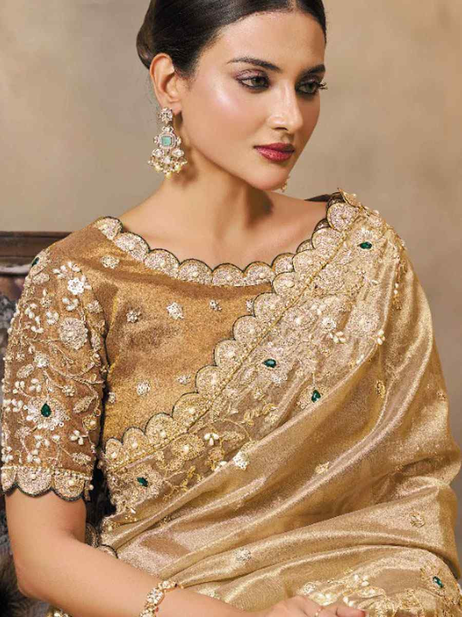 Cream  Brown Cora Zari Tissue Silk Embroidery Festival Wedding Fancy Heavy Border Saree