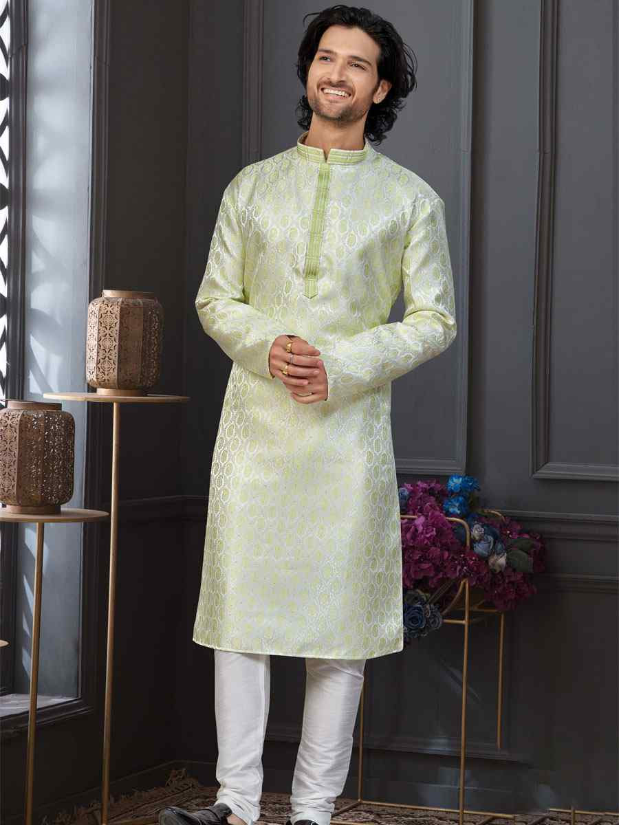 Cream Green Banarasi Jackard Embroidery Festival Wedding Party Mens Kurta