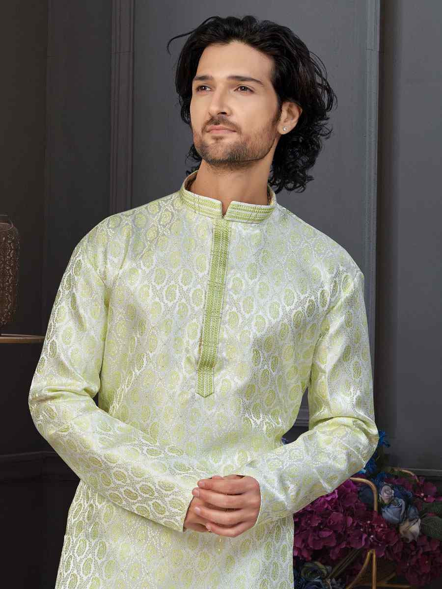 Cream Green Banarasi Jackard Embroidery Festival Wedding Party Mens Kurta