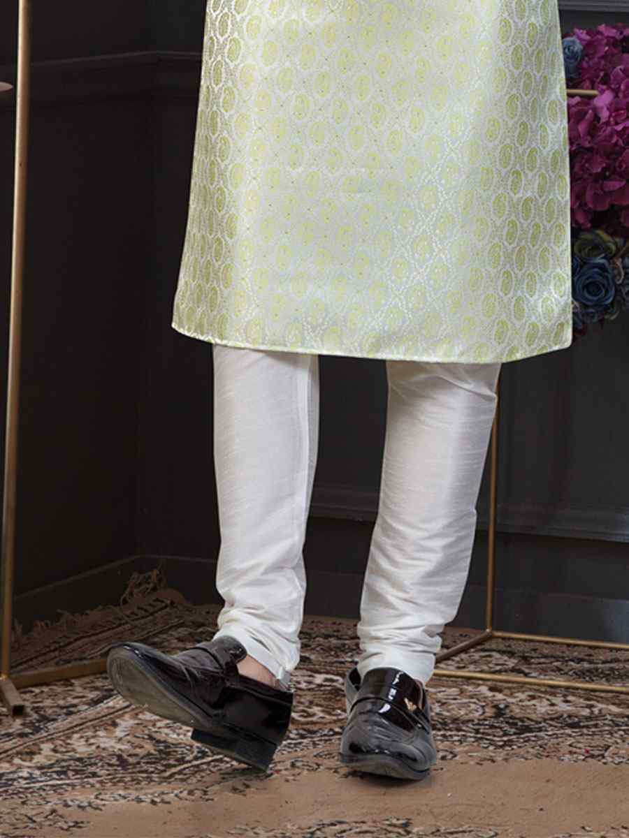 Cream Green Banarasi Jackard Embroidery Festival Wedding Party Mens Kurta
