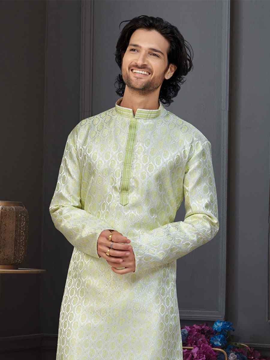 Cream Green Banarasi Jackard Embroidery Festival Wedding Party Mens Kurta