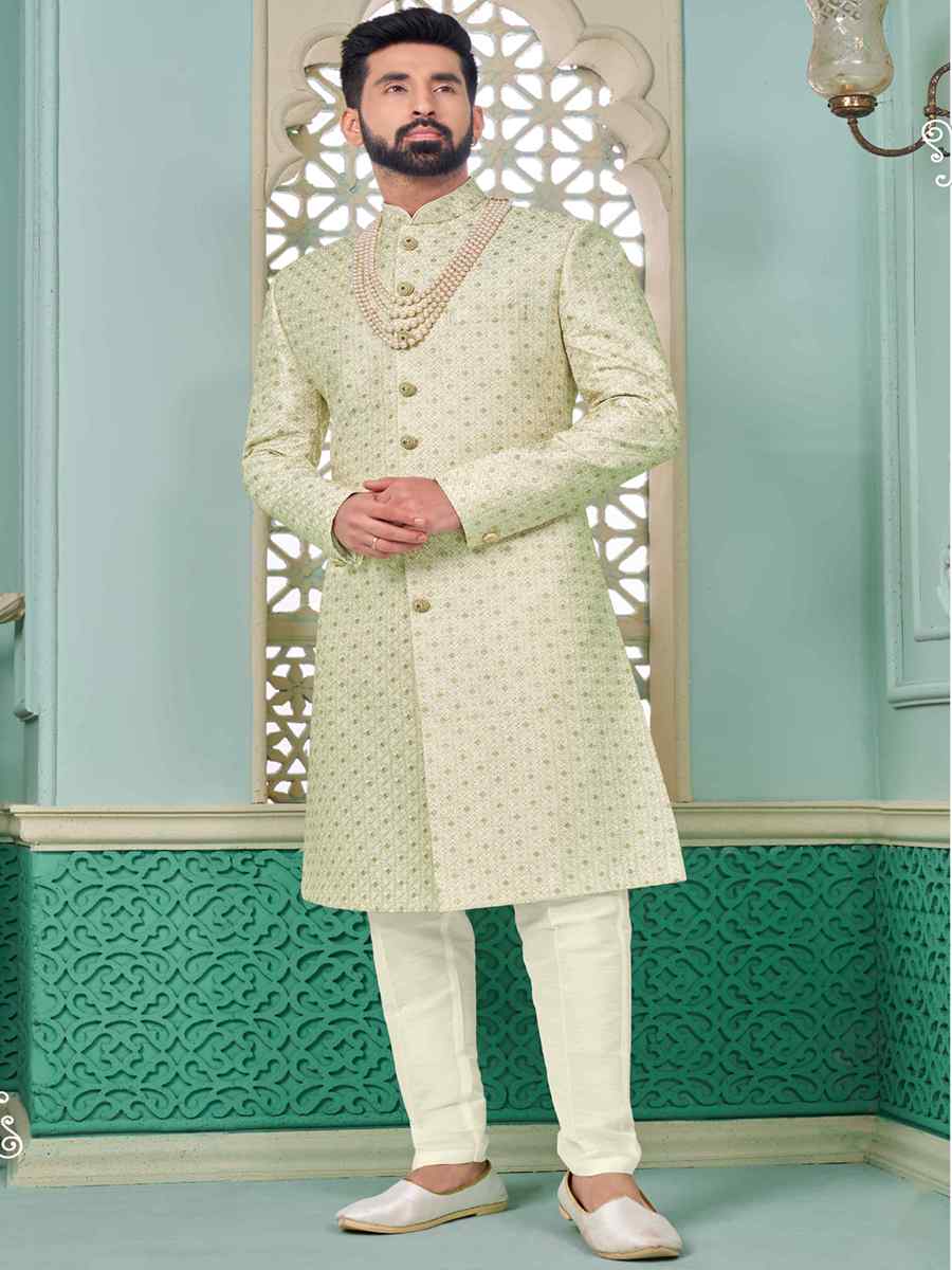 Cream Art Banarasi Silk Embroidered Festival Wedding Sherwani
