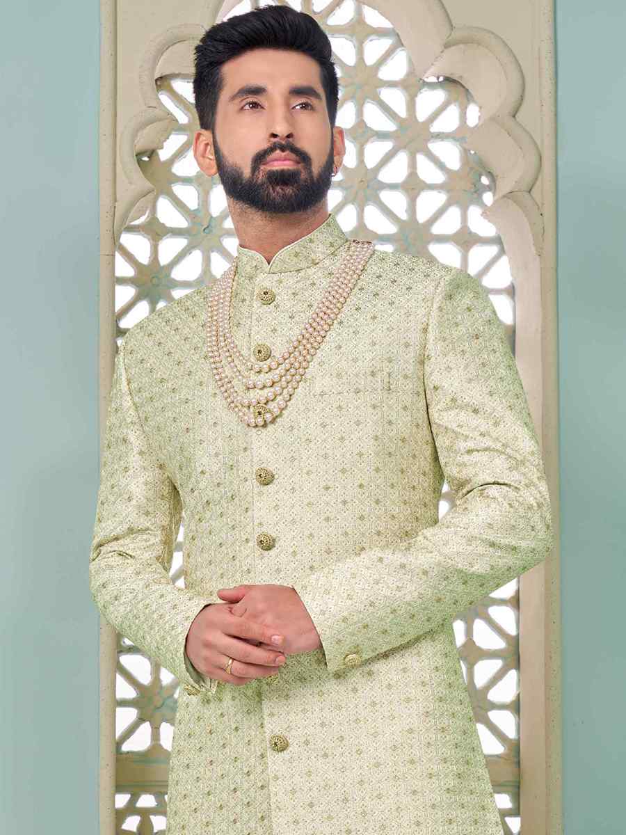 Cream Art Banarasi Silk Embroidered Festival Wedding Sherwani