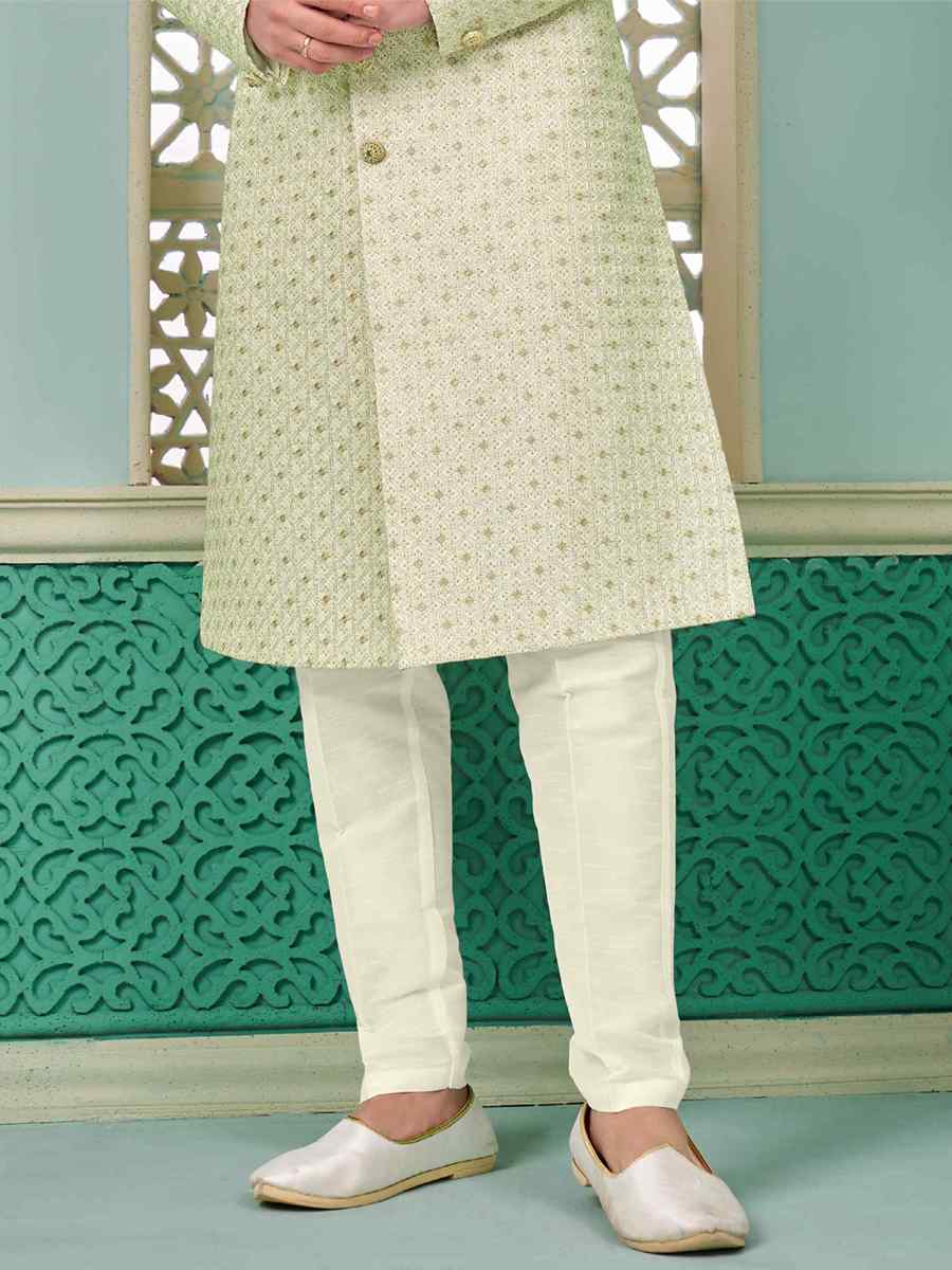 Cream Art Banarasi Silk Embroidered Festival Wedding Sherwani
