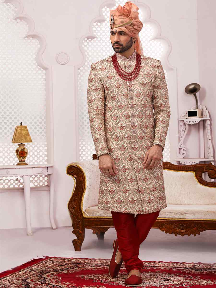 Cream Art Banarasi Silk Embroidered Wedding Groom Sherwani