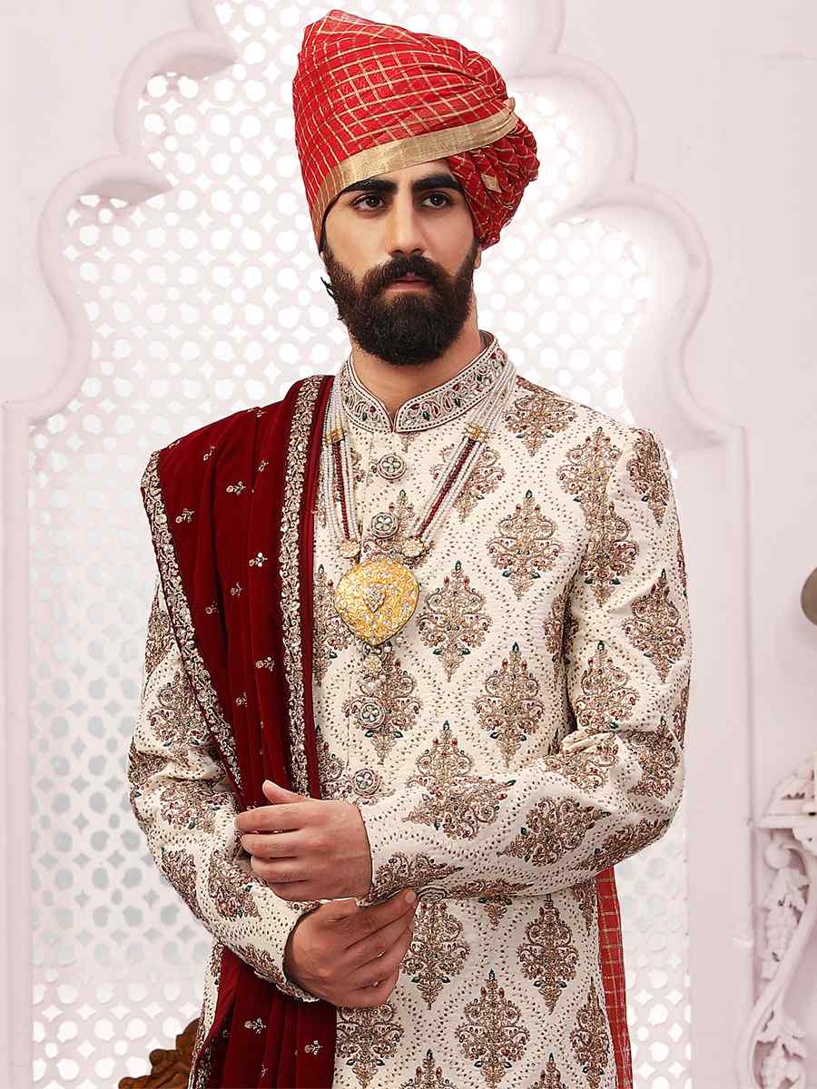 Cream Art Banarasi Silk Embroidered Wedding Groom Sherwani