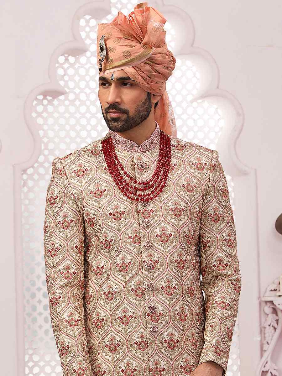 Cream Art Banarasi Silk Embroidered Wedding Groom Sherwani