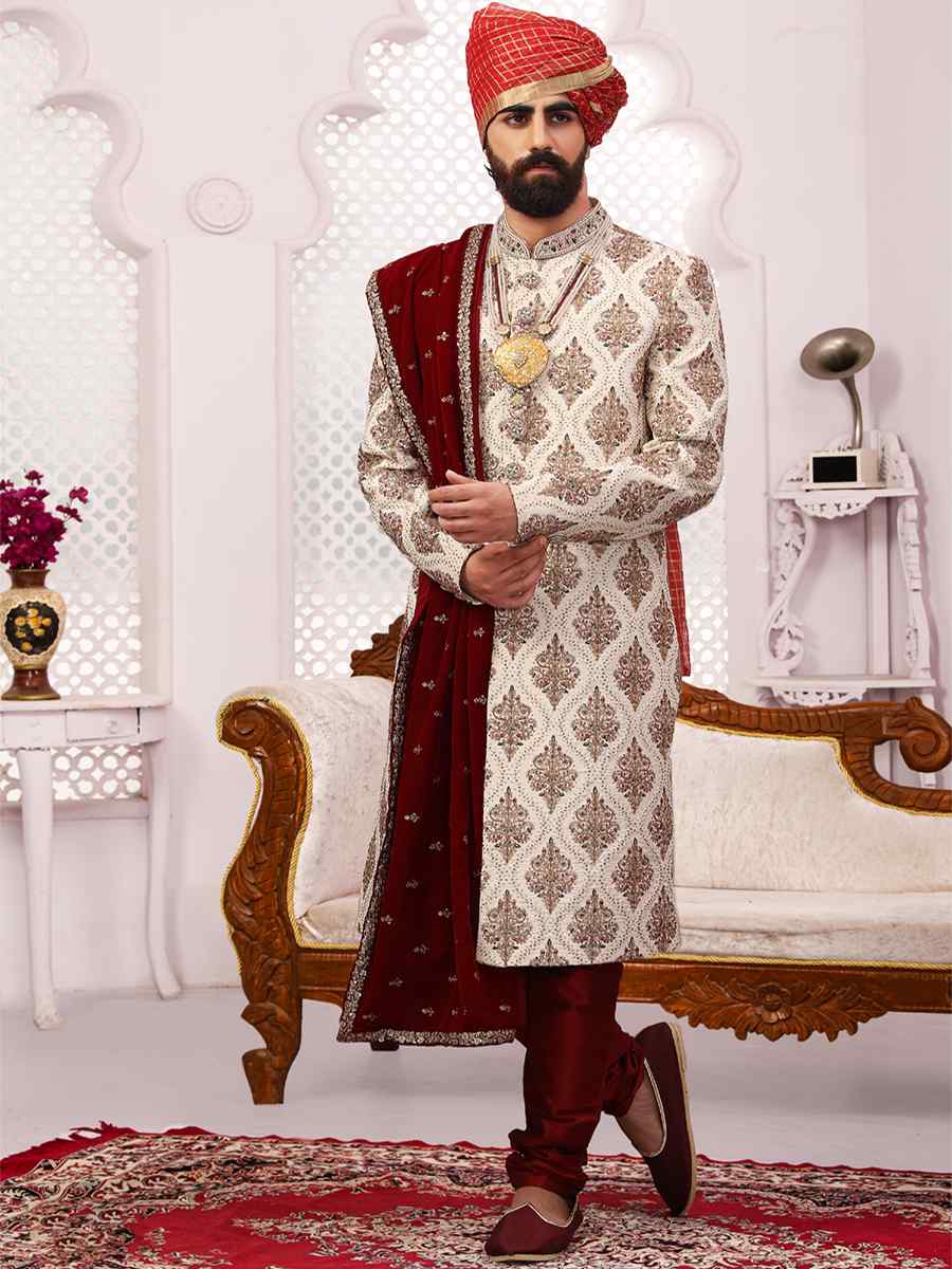 Cream Art Banarasi Silk Embroidered Wedding Groom Sherwani