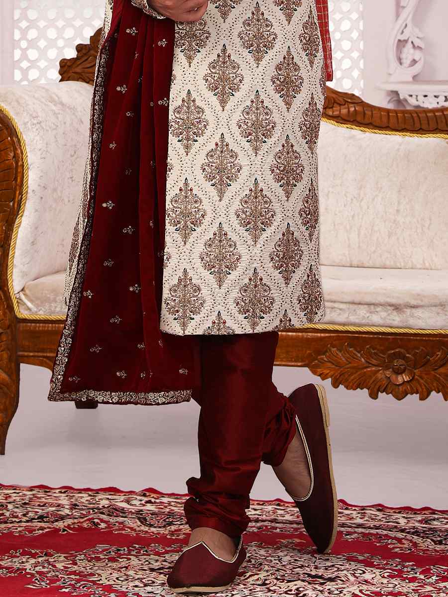 Cream Art Banarasi Silk Embroidered Wedding Groom Sherwani