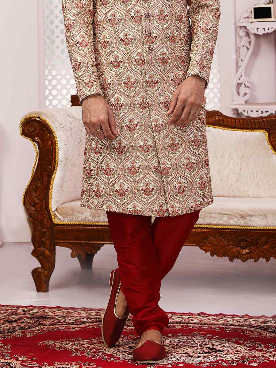 Cream Art Banarasi Silk Embroidered Wedding Groom Sherwani