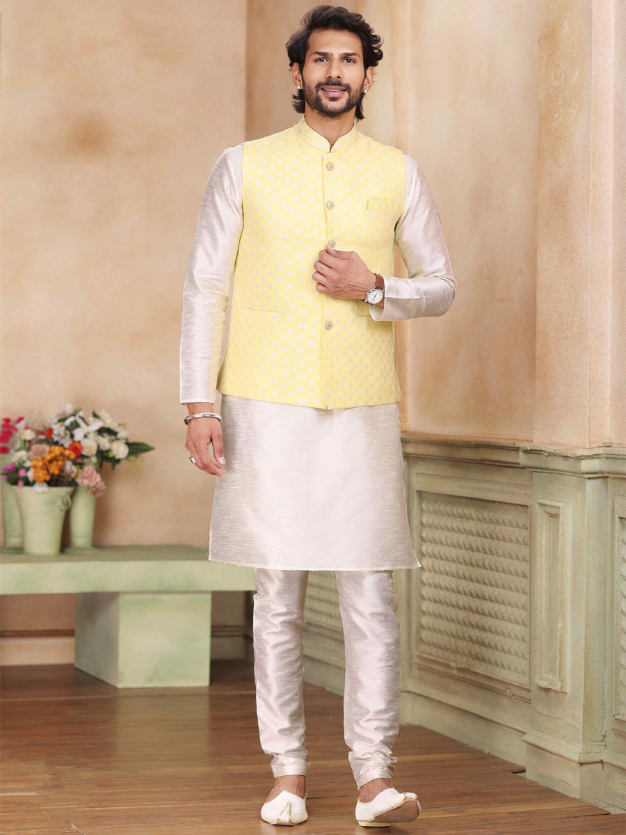 Cream Art Banarasi Silk Printed Festival Wedding Kurta