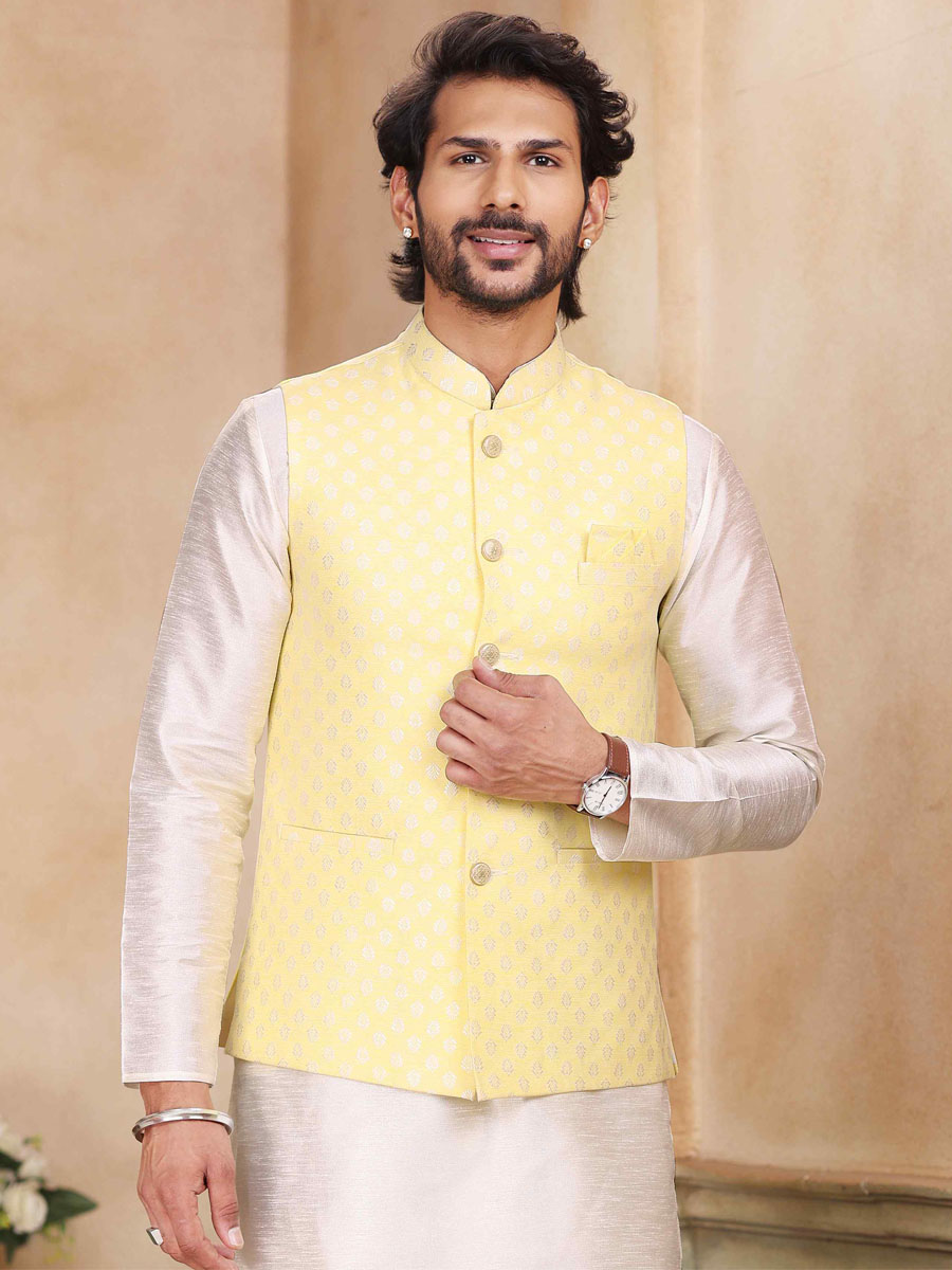 Cream Art Banarasi Silk Printed Festival Wedding Kurta