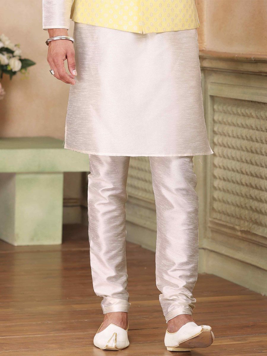 Cream Art Banarasi Silk Printed Festival Wedding Kurta