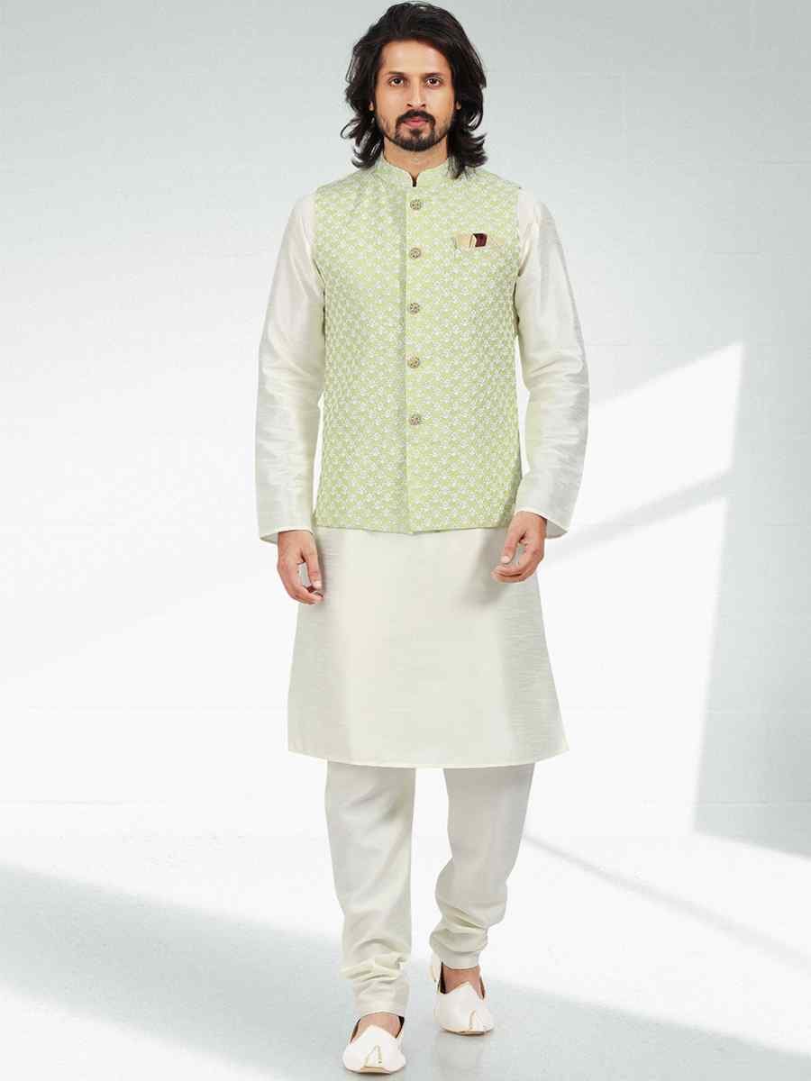 Cream Art Banarasi Silk Woven Festival Party Kurta