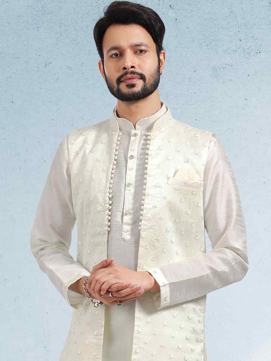 Cream Art Banarasi Silk Woven Festival Party Kurta