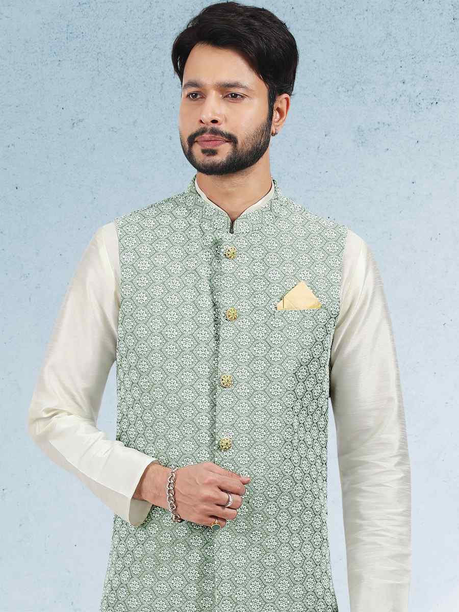 Cream Art Banarasi Silk Woven Festival Party Kurta