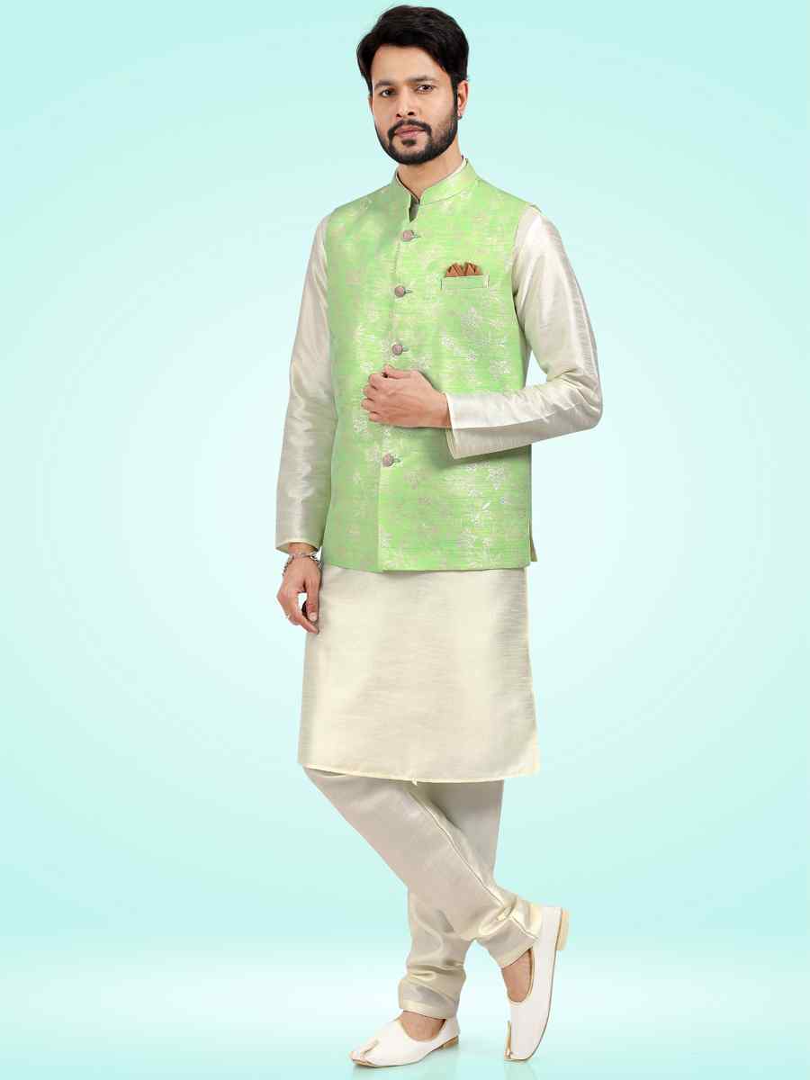 Cream Art Banarasi Silk Woven Festival Party Kurta