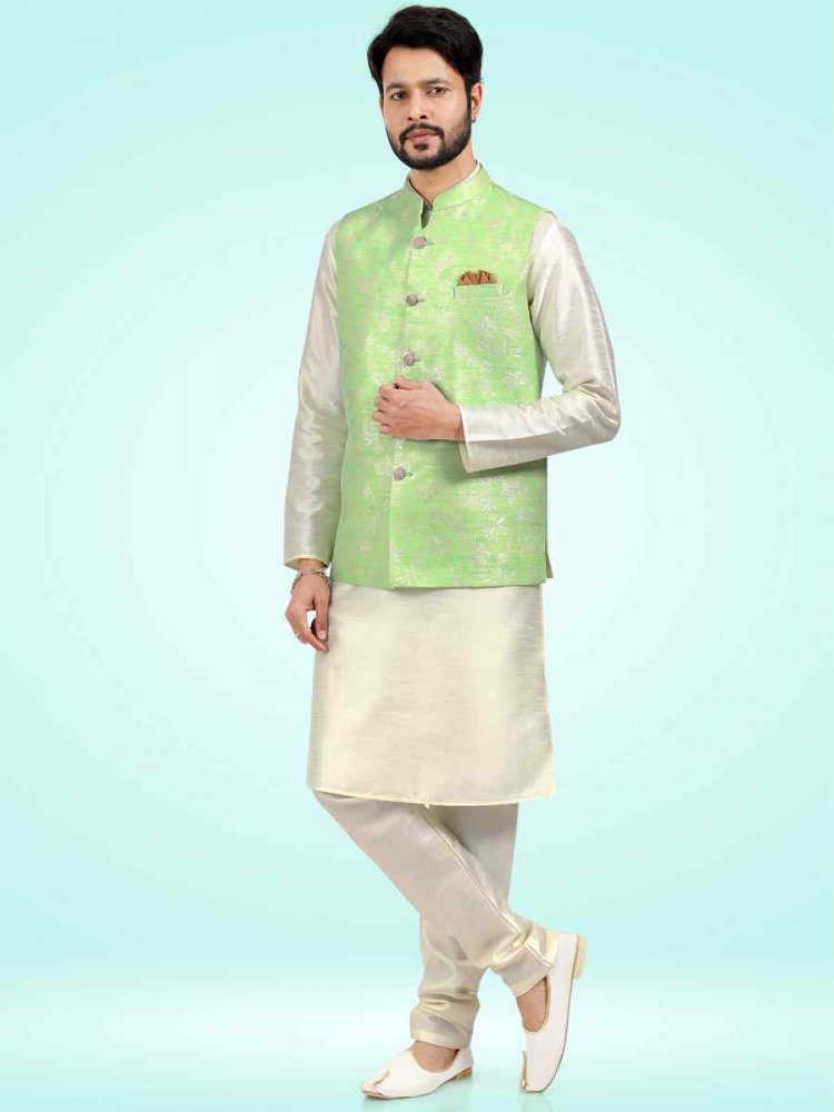 Cream Art Banarasi Silk Woven Festival Party Kurta