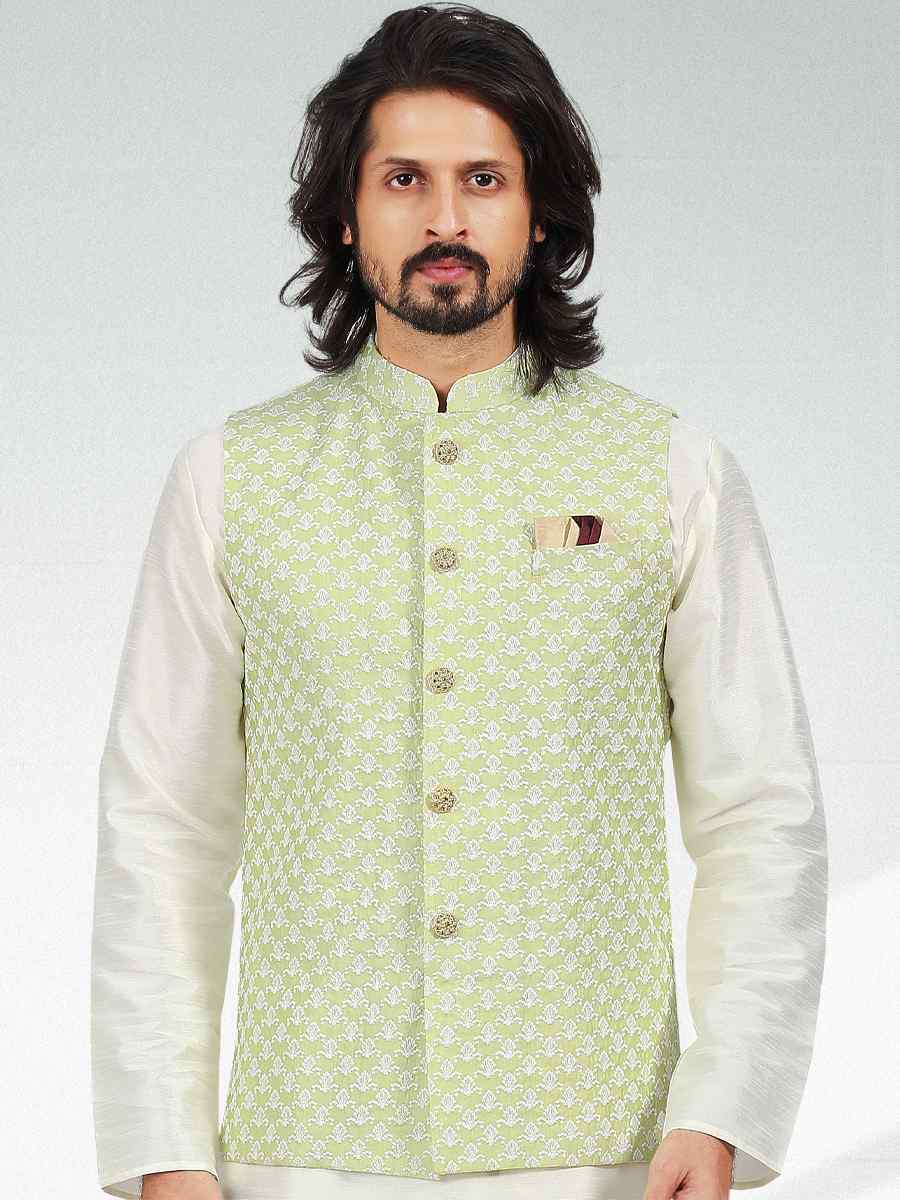 Cream Art Banarasi Silk Woven Festival Party Kurta