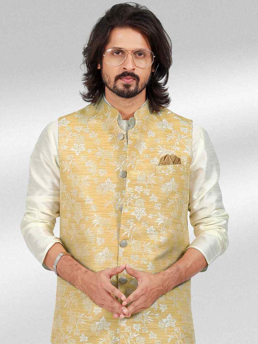 Cream Art Banarasi Silk Woven Festival Party Kurta