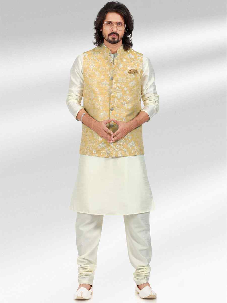 Cream Art Banarasi Silk Woven Festival Party Kurta